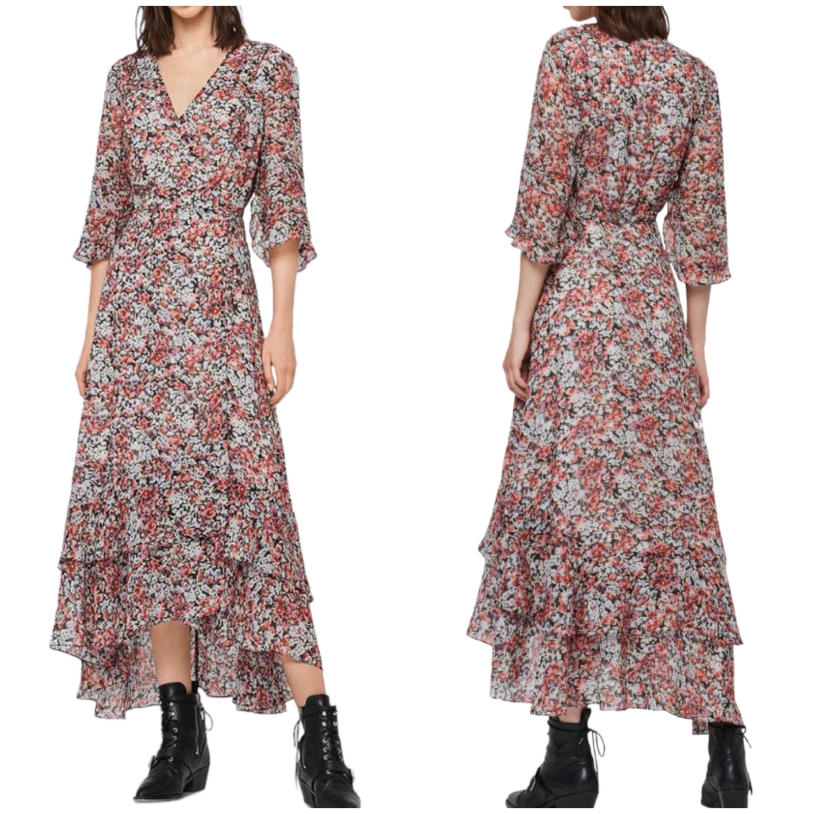Allsaints Nwt Delana Wilde Floral Wrap Chiffon Dress Size Xs *Small Tear At Hem
